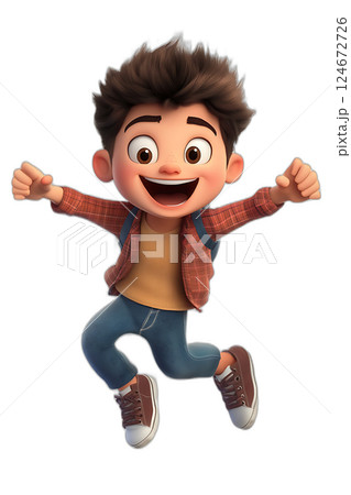 Playful cartoon boy running with excitement, high energy pose, shadowless, transparent background 124672726