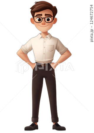 Cartoon schoolboy standing with hands on hips, confident and proud, floating cleanly on transparent background 124672754