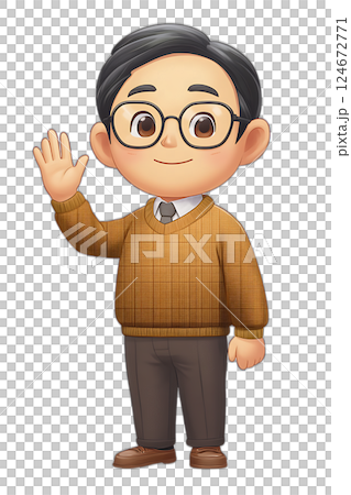 Cartoon male teacher waving hand, warm smile, animated motion, floating effect, no shadow, transparent background 124672771