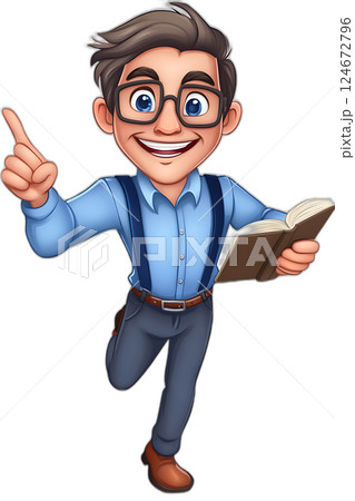 Cheerful cartoon male teacher holding a book, pointing forward, floating midair, bright colors, transparent background 124672796
