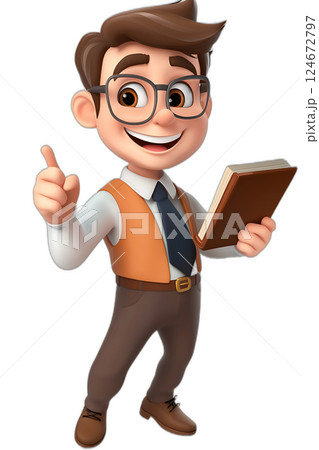 Cheerful cartoon male teacher holding a book, pointing forward, floating midair, bright colors, transparent background 124672797