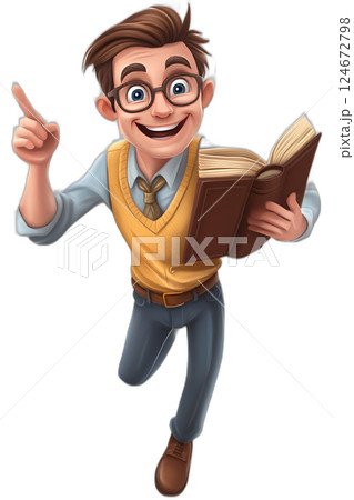 Cheerful cartoon male teacher holding a book, pointing forward, floating midair, bright colors, transparent background 124672798