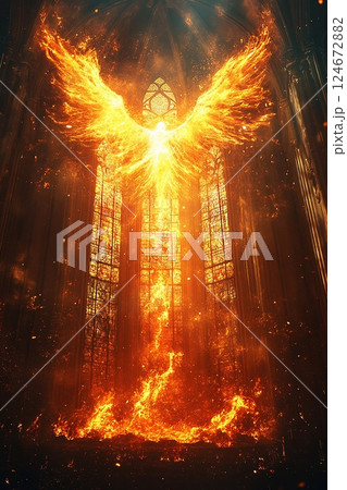 Pentecost background with divine flame over church, glowing windows, sacred moment 124672882