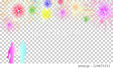 カラフルな花火とカップルのイラストフレーム 124673151