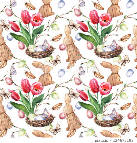 Seamless, repeat pattern with wooden bunny decoration, nest with Easter eggs, tulips, pussy willow branches, butterflies, and feathers. Hand drawn watercolor illustration. For wrapping fabric textile 124673198