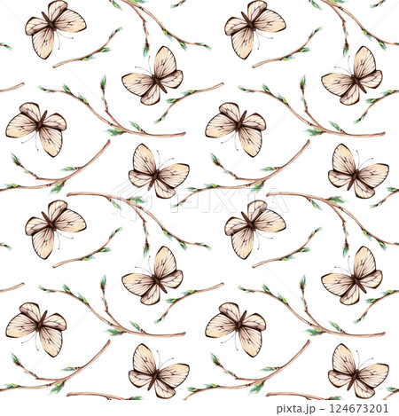 Seamless, repeat pattern with willow, sallow branches and butterflies. Hand drawn watercolor illustration. For wrapping, wallpaper, fabric, textile Seamless, repeat pattern with willow, sallow branches and butterflies. Hand drawn watercolor illustration. For wrapping, wallpaper, fabric, textile 124673201