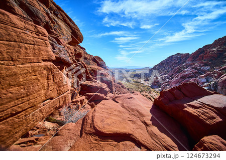 Desert Red Rock Formations and Vast Plains Daytime Perspective 124673294