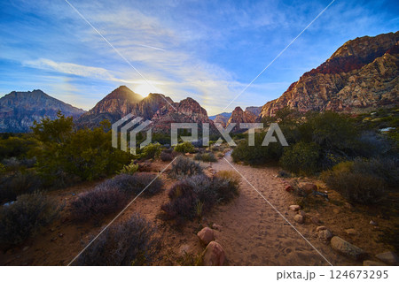 Red Rock Canyon Desert Trail at Golden Hour Eye-Level Perspective 124673295