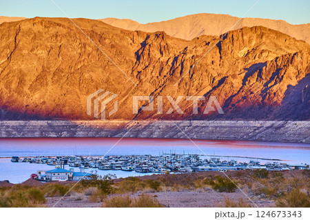 Golden Hour Marina and Mountains at Lake Mead Eye Level View Golden Hour Marina and Mountains at Lake Mead Eye Level View 124673343