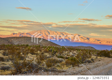 Rugged Nevada Mountains at Sunset with Winding Path Low Perspective 124673351