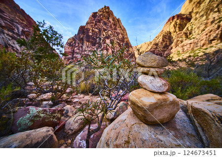 Cairn and Red Rock Canyon at Sunrise Eye Level View Cairn and Red Rock Canyon at Sunrise Eye Level View 124673451