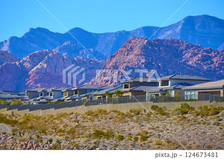 Modern Desert Suburb with Mountain Backdrop Aerial 124673481