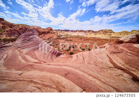 Valley of Fire Sandstone Waves against Blue Sky Eye-Level View Valley of Fire Sandstone Waves against Blue Sky Eye-Level View 124673505