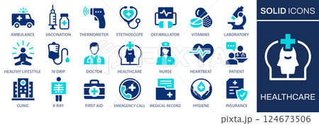 Healthcare icon set. Collection of medicine, doctor, clinic, health and more. Vector illustration. Easily changes to any color. 124673506
