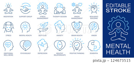 Mental health icon set. Collection of meditation, anger, anxiety, psychosis, depression and more. Vector illustration. Editable stroke. 124673515