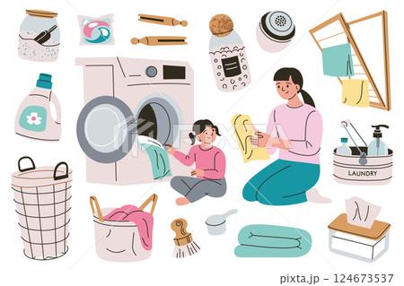 Flat cartoon illustration of girl and mother loading washing machine. Laundry basket, detergent products, capsules, fabric softener, drying rack vector doodle icons. Household, family chores, cleaning 124673537