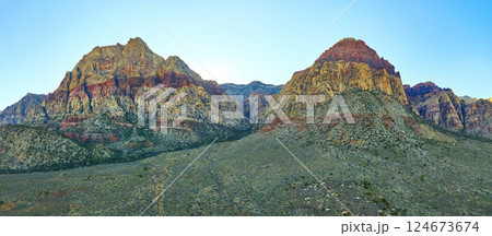 Aerial Red Rock Canyon Sandstone Peaks in Nevada 124673674