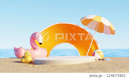 3D render, Summer Beach scene with empty display podium for showing product, flamingo float, umbrella, and orange inflatable ring 124673801