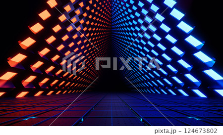 3d render, Abstract futuristic neon corridor with glowing red and blue cubes perspective background 124673802