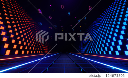 3d render, Abstract futuristic digital corridor with neon red and blue cubes and glowing shapes background 124673803