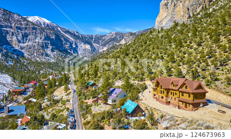 Aerial of Mountain Lodge and Snow-Capped Peaks in Nevada Aerial of Mountain Lodge and Snow-Capped Peaks in Nevada 124673963