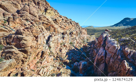 Aerial of Red Rock Canyon Layered Formations and Desert Vista Aerial of Red Rock Canyon Layered Formations and Desert Vista 124674129