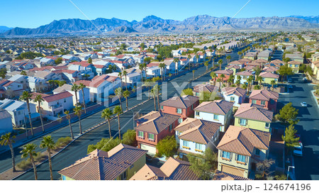 Aerial of Desert Suburban Neighborhood with Palm Trees and Mountains Aerial of Desert Suburban Neighborhood with Palm Trees and Mountains 124674196