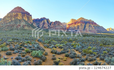 Aerial of Red Rock Canyon Mountains at Golden Hour 124674227