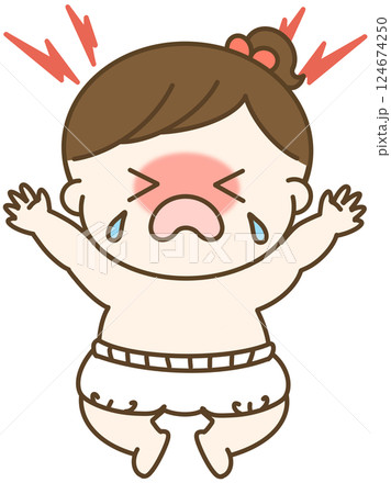 癇癪を起こして大泣きしているオムツの女の子の赤ちゃんのゆるかわイラスト 124674250