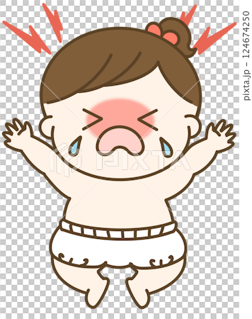 A cute illustration of a baby girl in a diaper having a tantrum and crying loudly 124674250