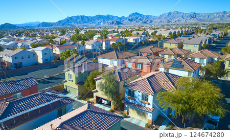 Aerial of Suburban Las Vegas Neighborhood with Solar Homes Aerial of Suburban Las Vegas Neighborhood with Solar Homes 124674280