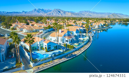 Aerial of Upscale Desert Waterfront Community in Las Vegas 124674331