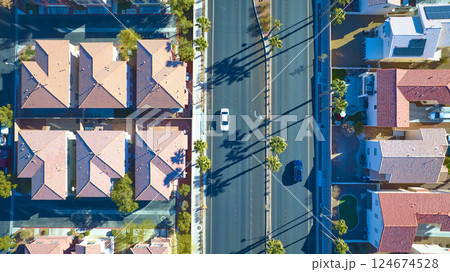 Aerial Top Down Suburban Neighborhood with Palm Trees and Cars Moving Aerial Top Down Suburban Neighborhood with Palm Trees and Cars Moving 124674528