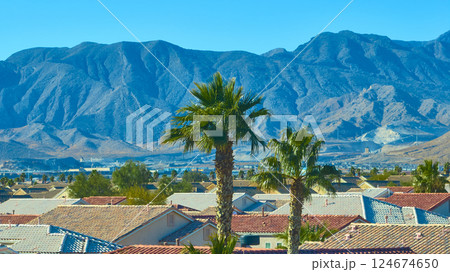 Aerial Panorama of Suburban Las Vegas with Mountain Backdrop Aerial Panorama of Suburban Las Vegas with Mountain Backdrop 124674650
