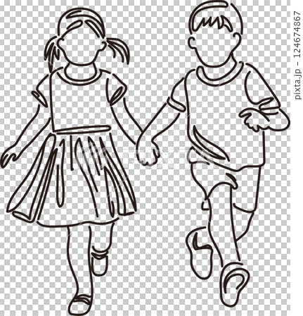 ファミリー　キッズ　家族　子供　女の子　男の子　人物　線　手描き　ライフスタイル　シンプル　イラスト 124674867