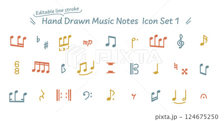 線の編集が可能なベクターデータ。漫画にも使える、手描きのいろいろな音符記号のカラフルなアイコンセット 124675250