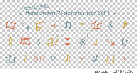 線の編集が可能なベクターデータ。漫画にも使える、手描きのいろいろな音符記号のカラフルなアイコンセット 124675250