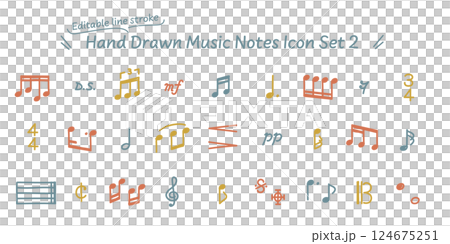 Vector data with editable lines. A colorful icon set of various hand-drawn musical note symbols that can also be used in manga. 124675251