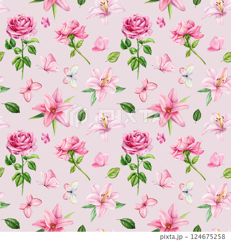 seamless floral pattern with pink roses lilies and butterflies, watercolor hand painted blooming flowers on background 124675258