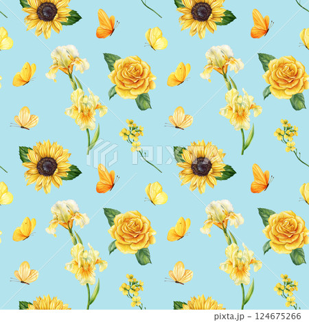seamless pattern with yellow flowers and butterflies, watercolor floral iris rose sunflower arrangement on background seamless pattern with yellow flowers and butterflies, watercolor floral iris rose sunflower arrangement on background 124675266