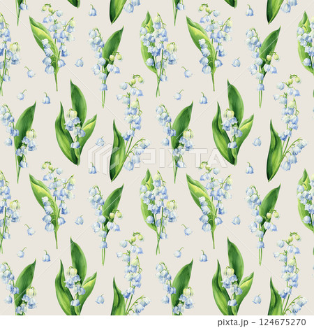 seamless pattern with lily of the valley flowers, watercolor hand painted floral design with green leaves for design art seamless pattern with lily of the valley flowers, watercolor hand painted floral design with green leaves for design art 124675270