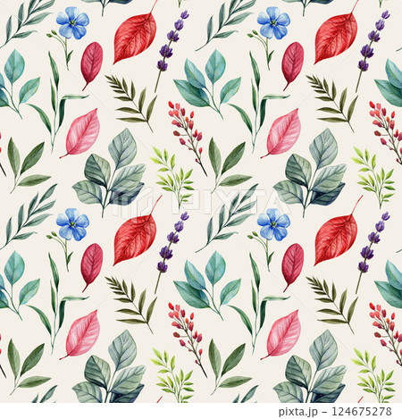 seamless pattern with autumn red leaves lavender wildflowers and green branches watercolor botanical foliage background seamless pattern with autumn red leaves lavender wildflowers and green branches watercolor botanical foliage background 124675278