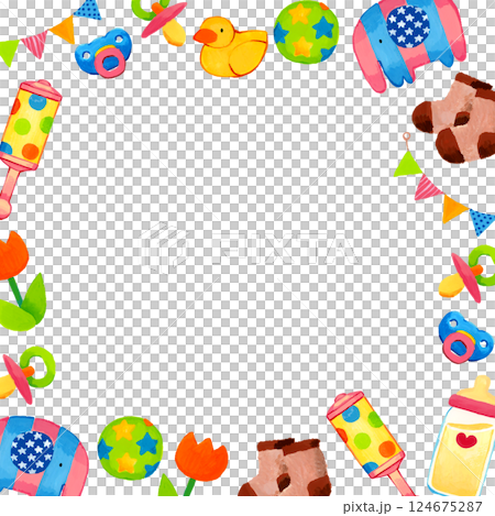 ベビー用品のカラフルなフレーム　手描きイラスト背景素材 124675287