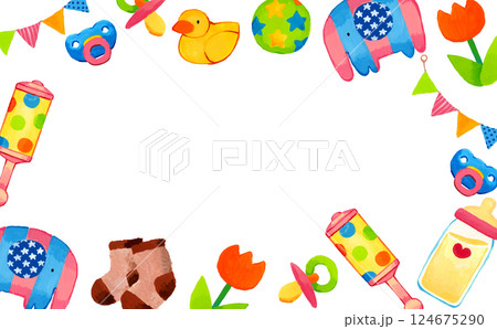 ベビー用品のカラフルなフレーム　手描きイラスト背景素材 124675290