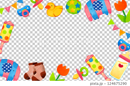 ベビー用品のカラフルなフレーム　手描きイラスト背景素材 124675290