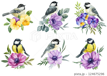 Set birds, watercolor yellow bird with spring flower and green leaves isolated summer illustration seasonal floral decor Set birds, watercolor yellow bird with spring flower and green leaves isolated summer illustration seasonal floral decor 124675296