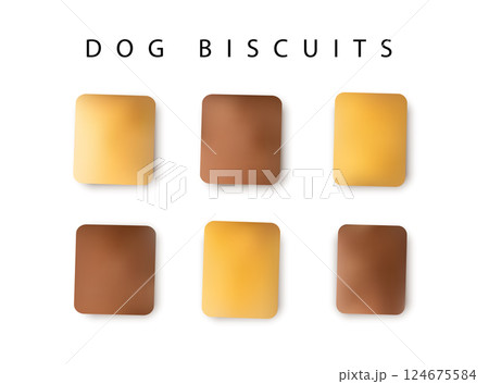 Filled dog biscuits icons, crackers symbols, soft crunchy pet treats, flavored small canine cookie 124675584