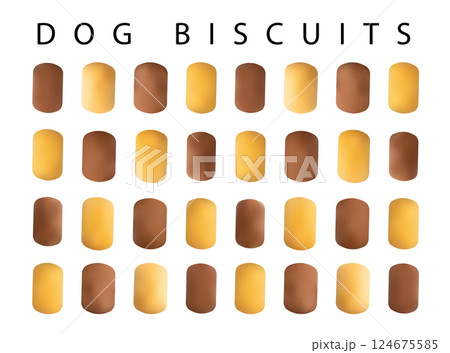 Filled dog biscuits icons, crackers symbols, soft crunchy pet treats, flavored small canine cookie 124675585