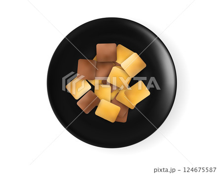 Filled dog biscuits icons, crackers symbols, soft crunchy pet treats, flavored small canine cookie 124675587