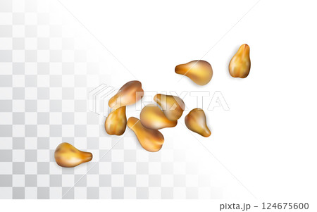 Grape seeds falling on white background top view, grapeseeds pile for skincare cosmetic 124675600